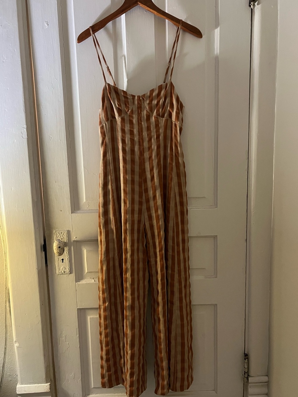 Storia Tan and Cream Striped Spaghetti-Strap Wide-Leg Jumpsuit